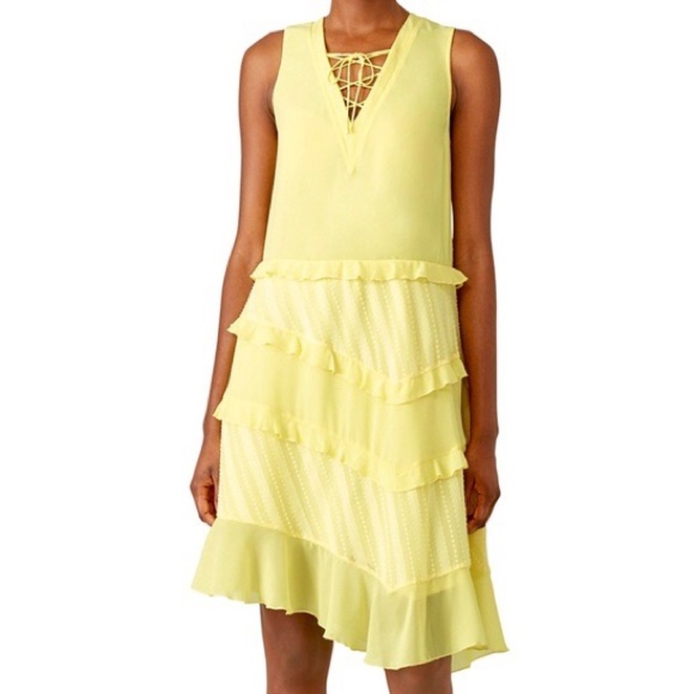 Three Floor Lemon Yellow Ruffle Chiffon Asymmetrical Flowy Sleeveless Dress Sz 2